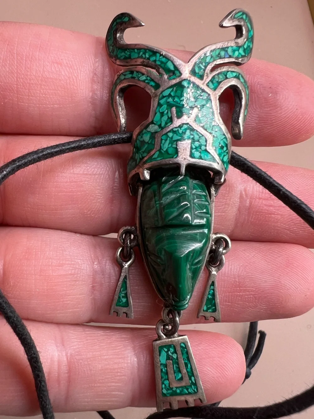 VINTAGE TAXCO MEXICO LARGE MALACHITE MASK PENDANT 925 STERLING STATEMENT